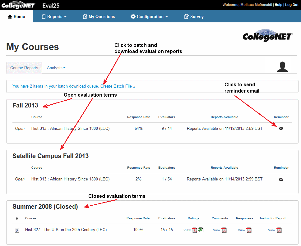 Course reports tab of the home page