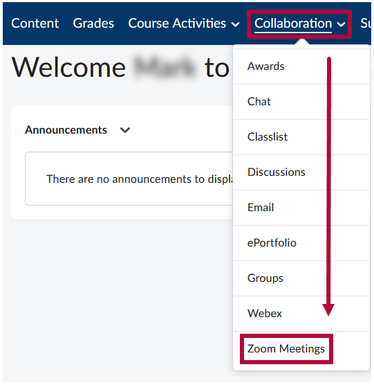 shows the location of Collaboration and Zoom Meetings links in D2L course.