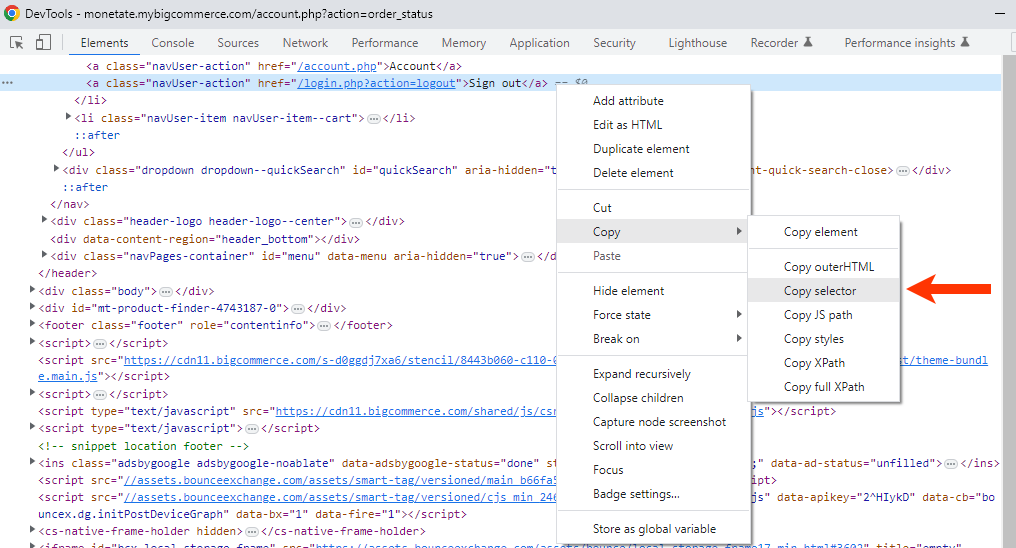 Callout of the 'Copy selector' option in a contextual menu of Chrome Developer tools