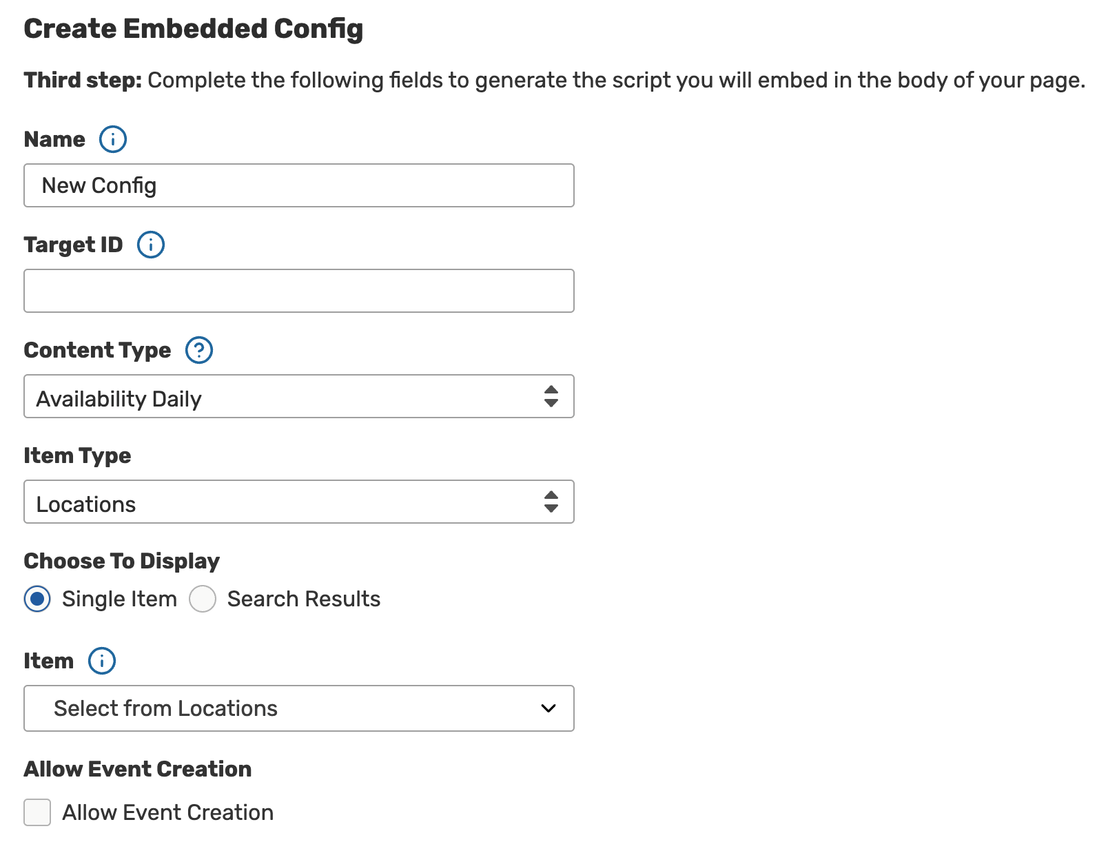 Create Embedded Config form