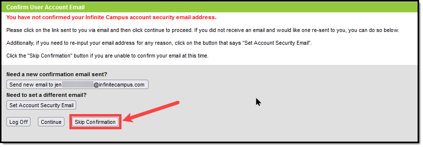 screenshot of the skip confirmation button highlighted on the account security email verification process