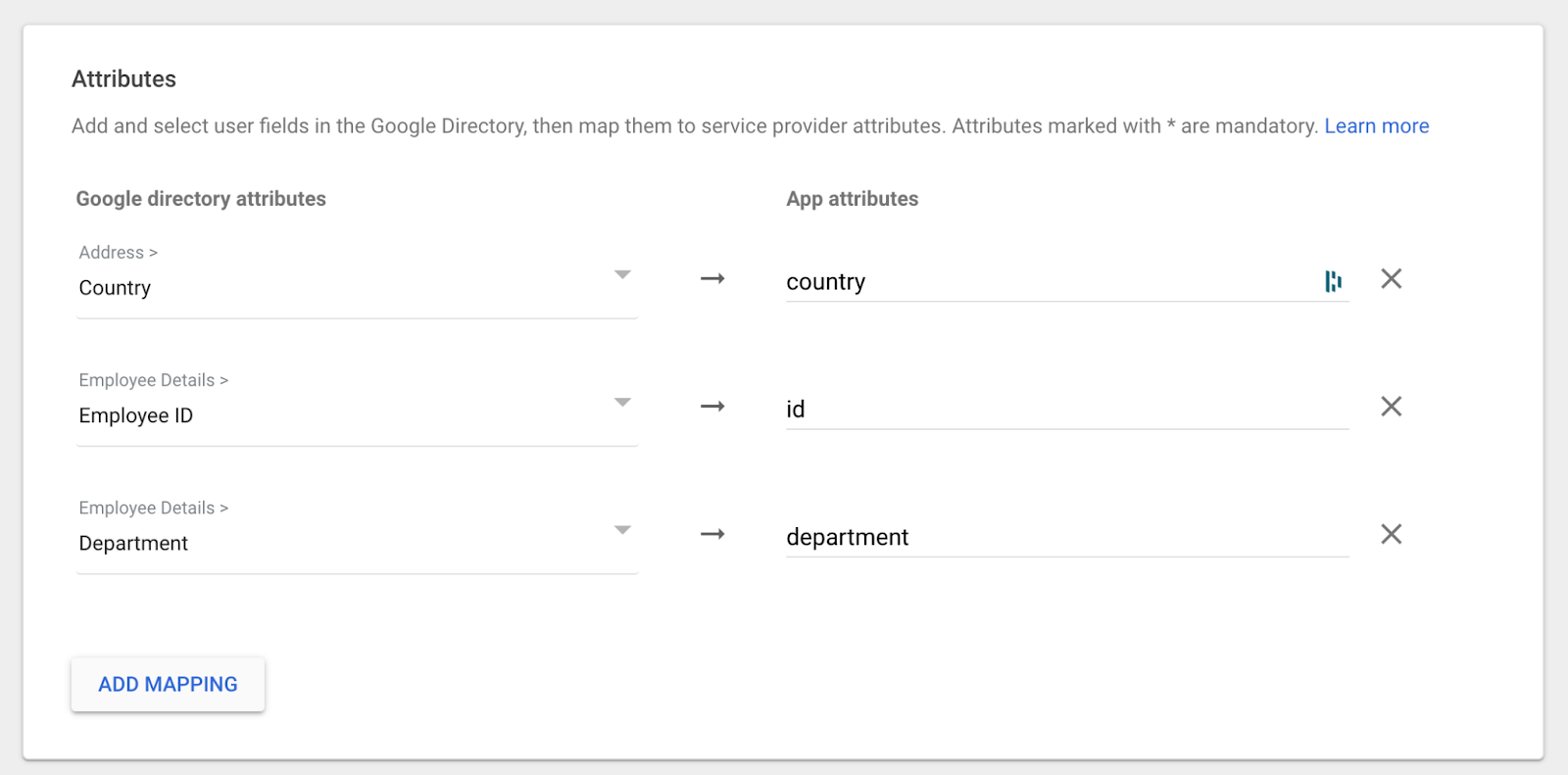 attribute mapping for countries, ID or department