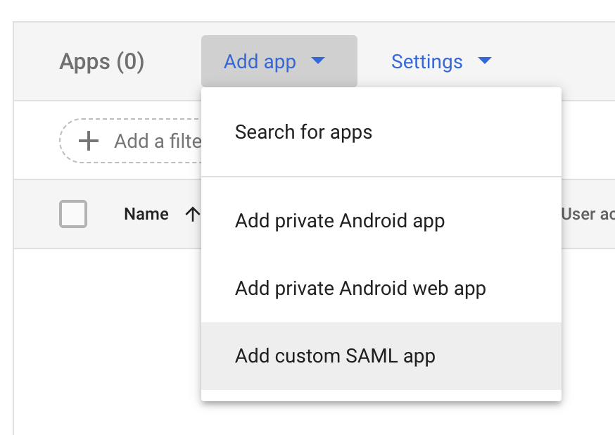 dropdown highlighting option add custom SAML app