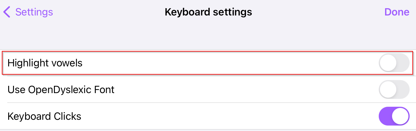Read&Write for iPad keyboard settings with highlight vowels options selected