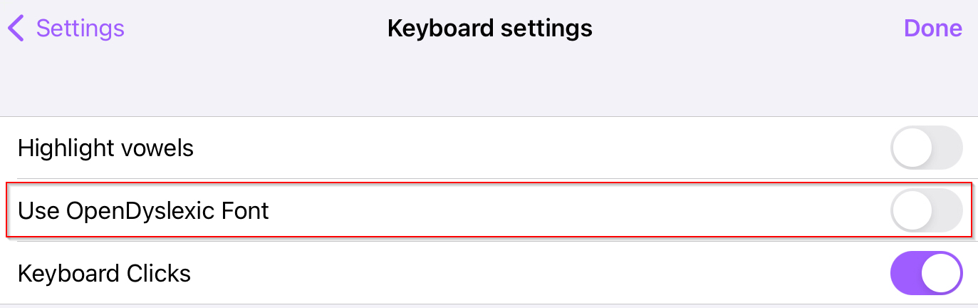 Read&Write for iPad keyboard settings with use OpenDyslexic font option selected