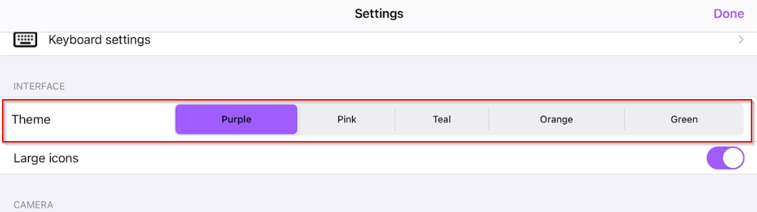Read&Write for iPad settings with Theme selected