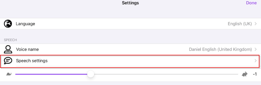 Read&Write for iPad settings with Speech settings selected
