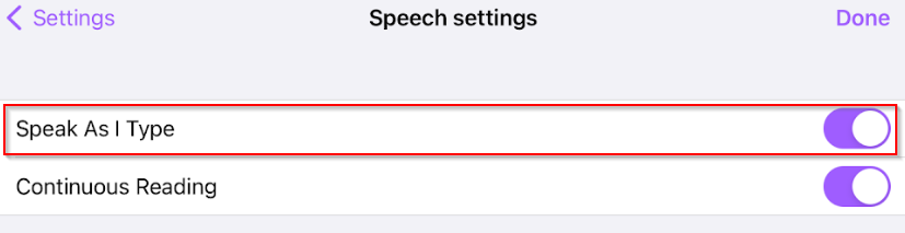 Read&Write for iPad speech settings with Speak As I Type selected