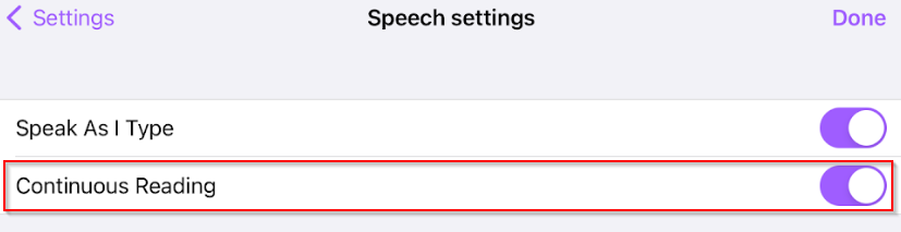 Read&Write for iPad speech settings with Continuous Reading selected