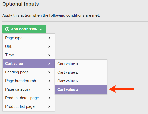 Callout of the 'Cart value greater than or equal to' option in the 'Cart value' category of the ADD CONDITION selector