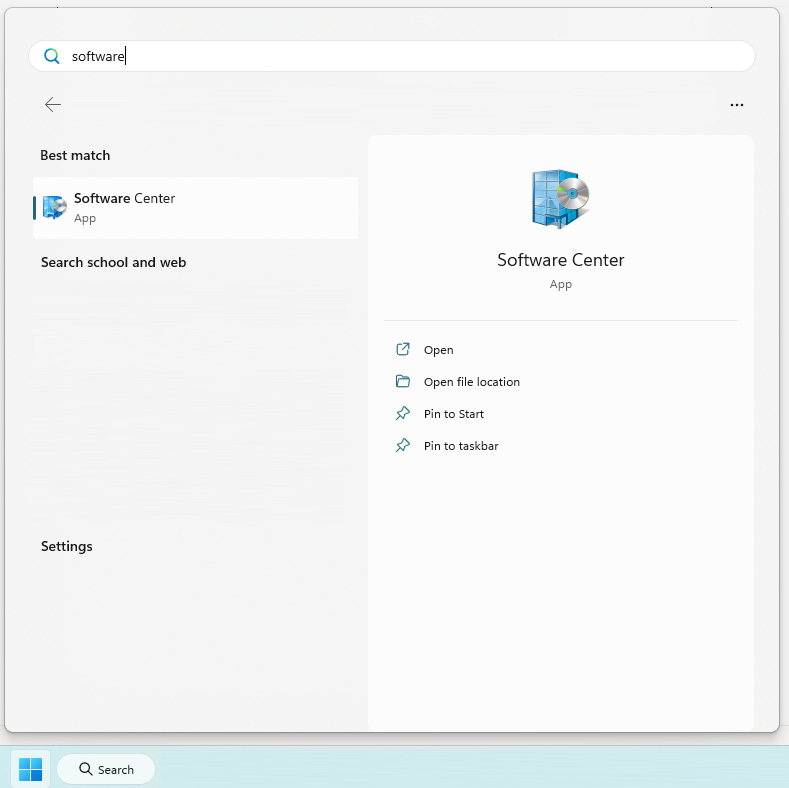 software center listed in windows start menu