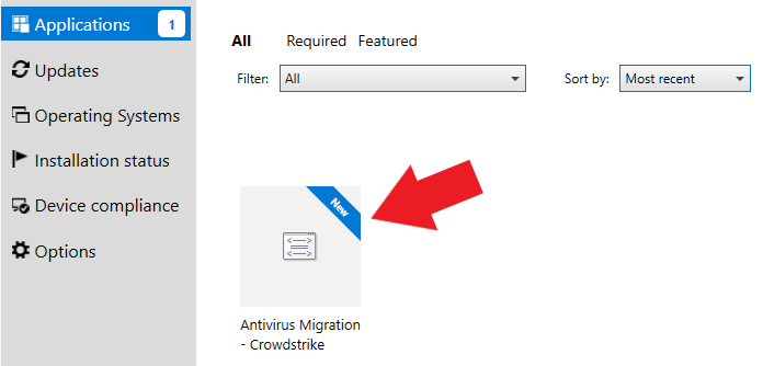 antivirus migration item in software center with an arrow pointing to it