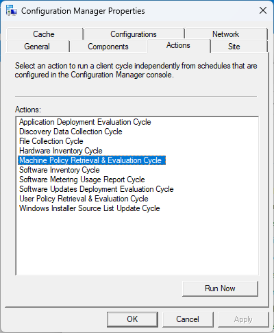 configuration manager window with the policy retrieval listing highlighted