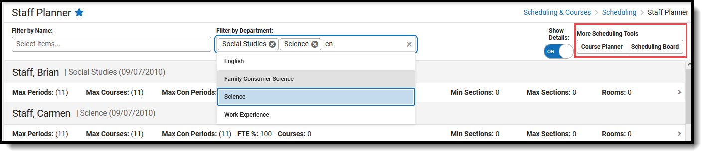 Image showing how to access Course Planner and Scheduling Board from Staff Planner