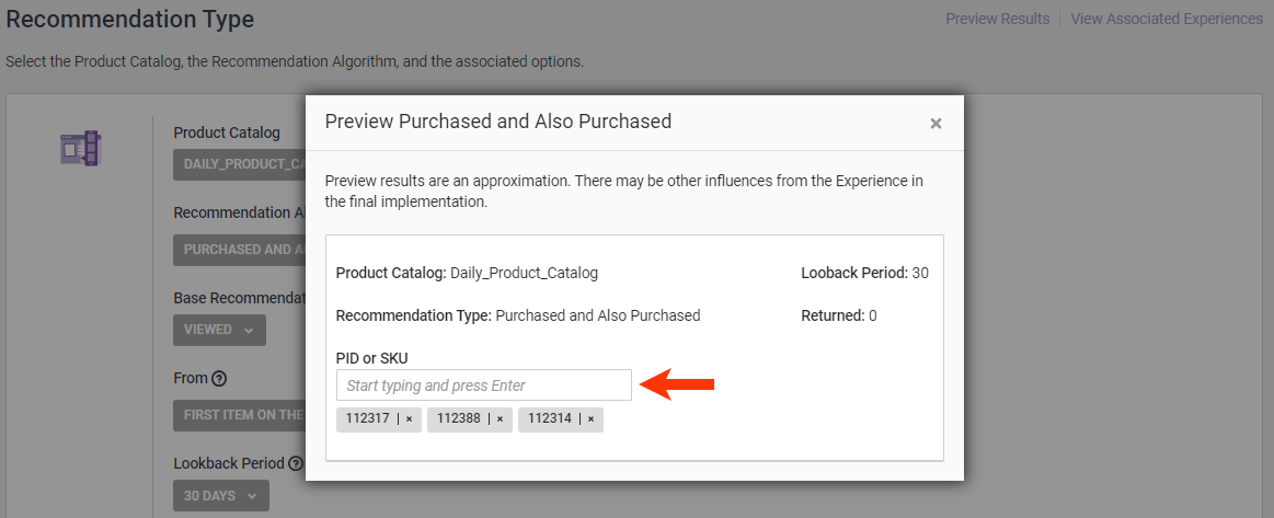Callout of the 'PID or SKU' field on the 'Preview Purchased and Also Purchased' modal