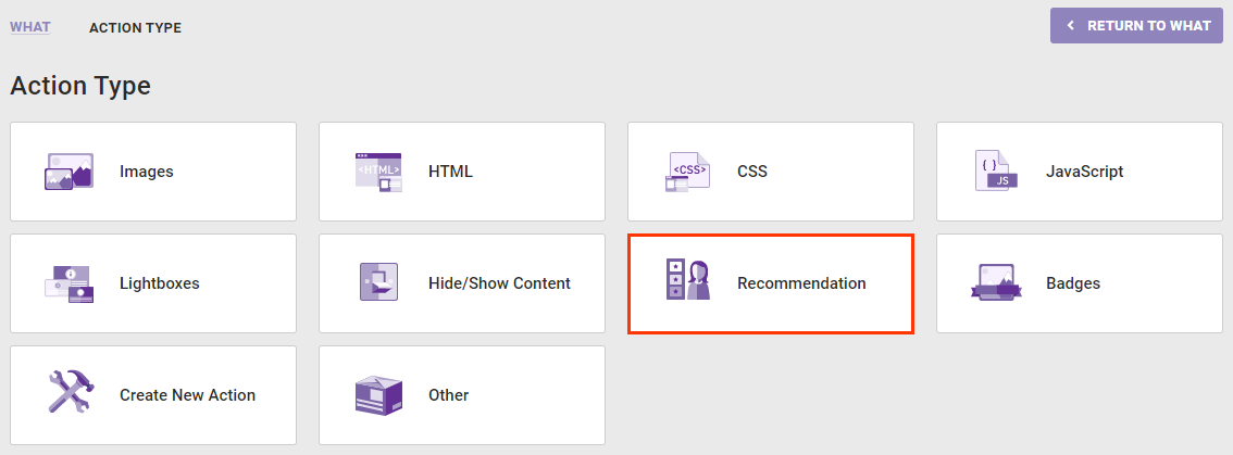 Callout of the Recommendation option on the Action Type panel