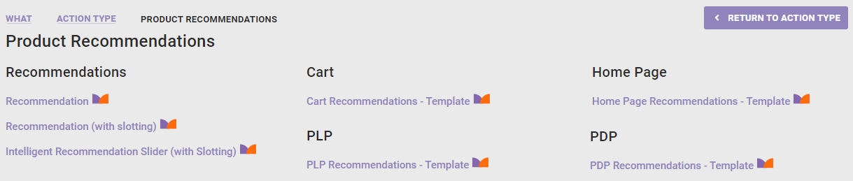 Example of the recommendations action template options available for a Web experience