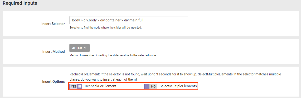 Callout of the 'Recheck For Element' and 'Select Multiple Elements' options of a recommendations slider action template