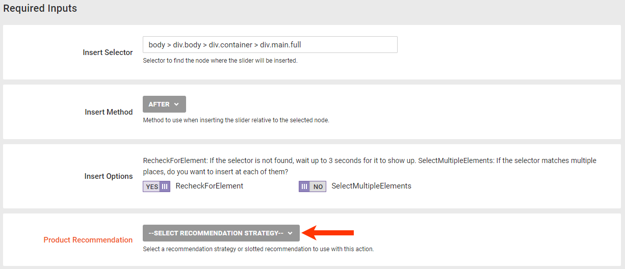 Callout of the Product Recommendation selector of a recommendations slider action template
