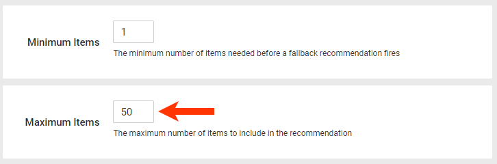 Callout of the Maximum Items field of a recommendations slider action template