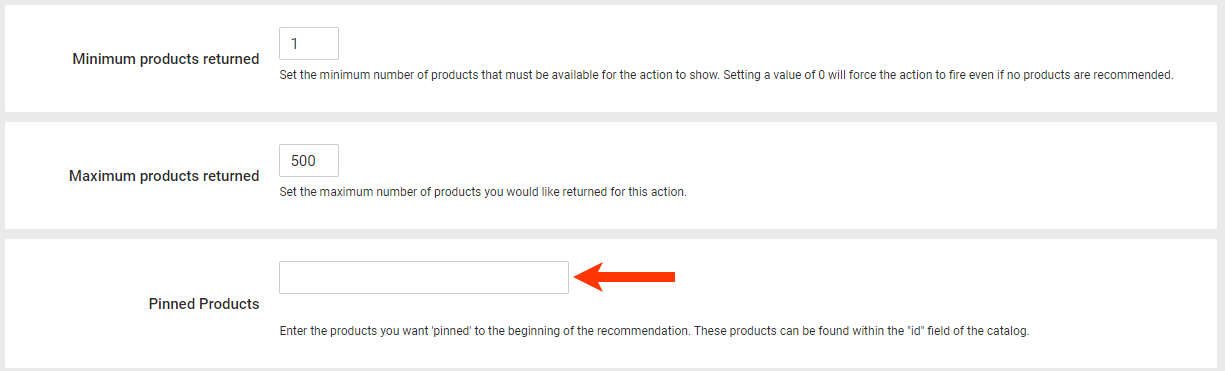 Callout of the Pinned Products field of a recommendations slider action template