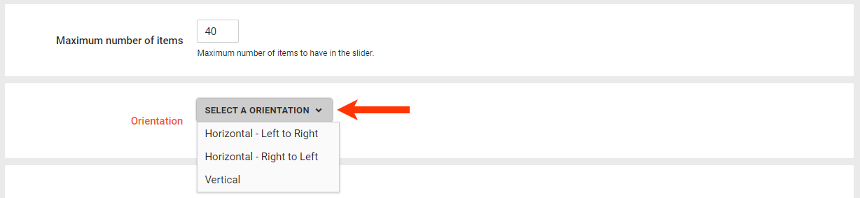 Callout of the Orientation selector of a recommendations slider action template