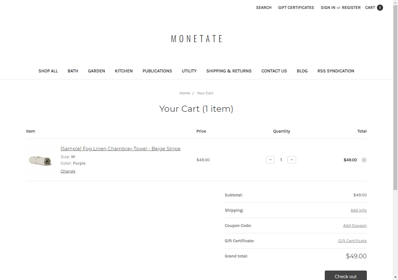 Image of a retail site's cart page with one item in the cart totalling less than $200