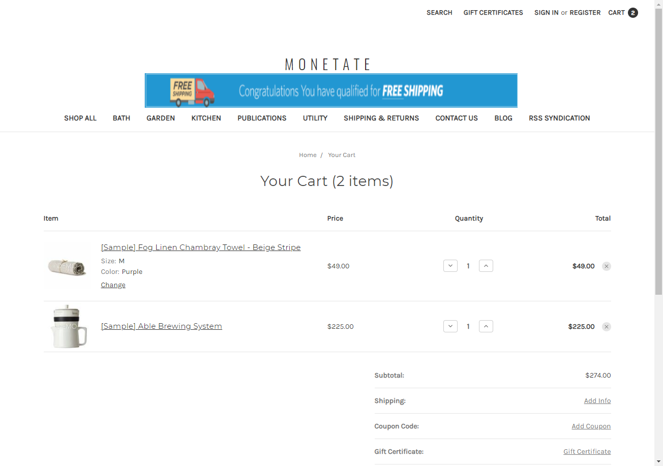 Image of a retail site's cart page with two items in the cart totalling at least $200 and with the free shipping banner displayed