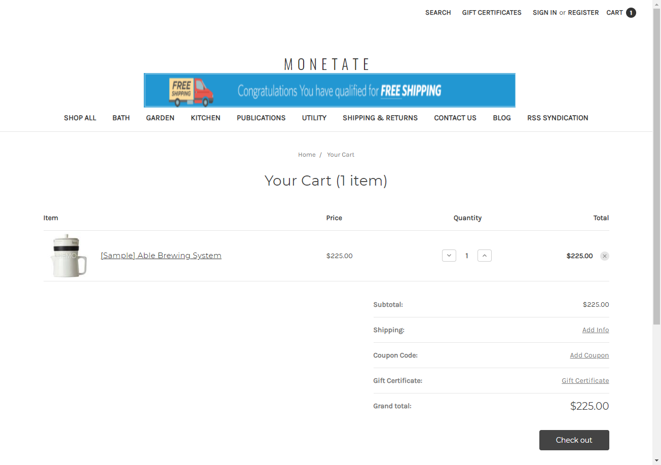 Image of a retail site's cart page with one item in the cart totalling at least $200 and with the free shipping banner displayed