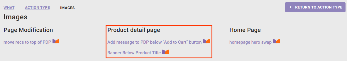 Callout of the 'Product detail page' subcategory of action templates on the Images panel