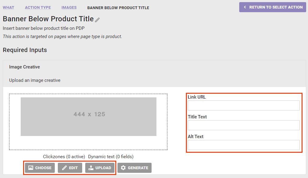 View of the Insert Banner Below Product Title (PDP) action template with the placeholder shown