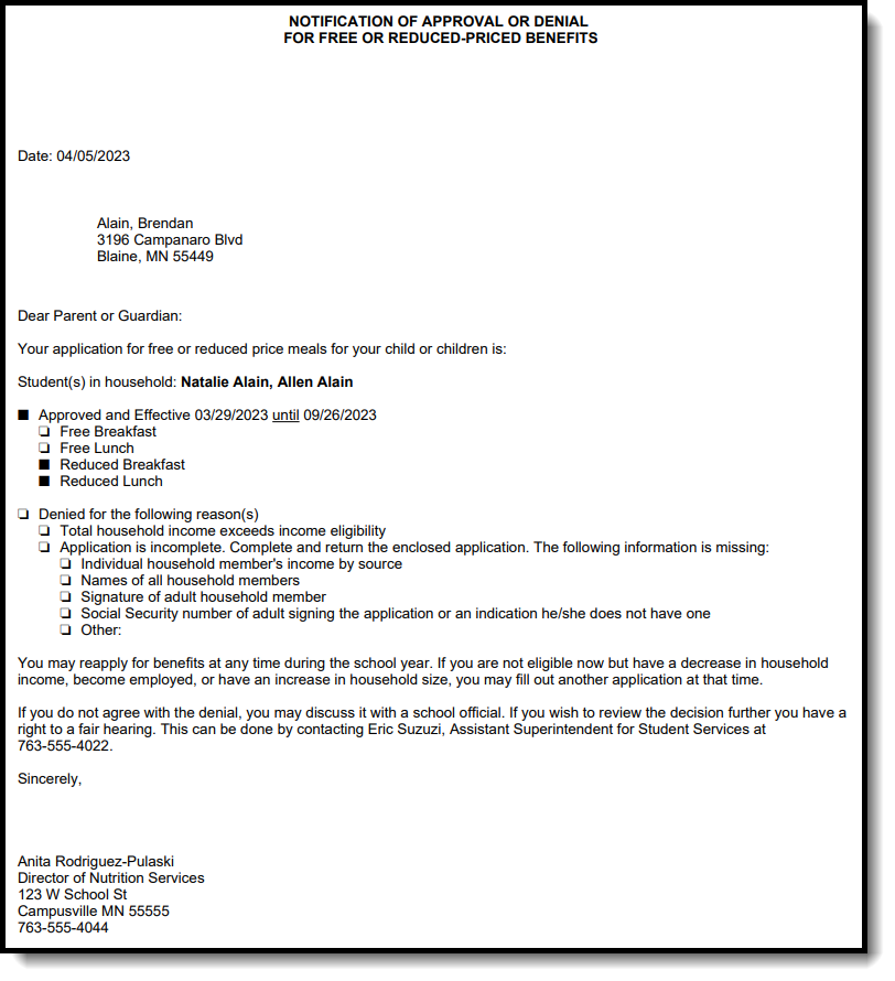 Screenshot of an xxample of the FRAM Letter Batch Report