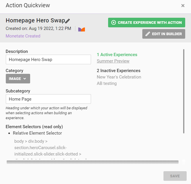 Example of the 'Action Quickview' modal available on the Actions list page
