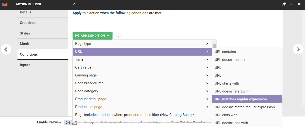 Example of the options available in the URL category on the Conditions tab of Action Builder