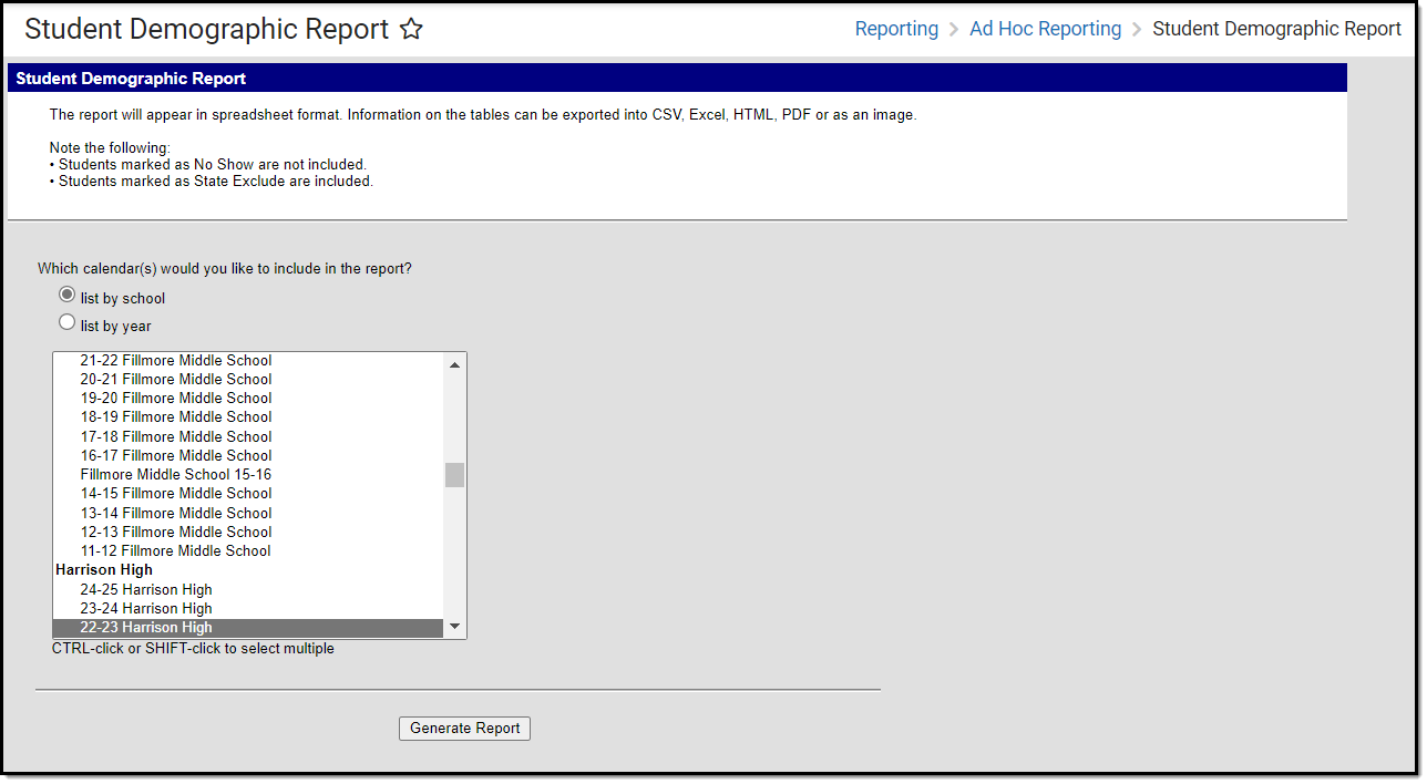screenshot of the student demographic report tool
