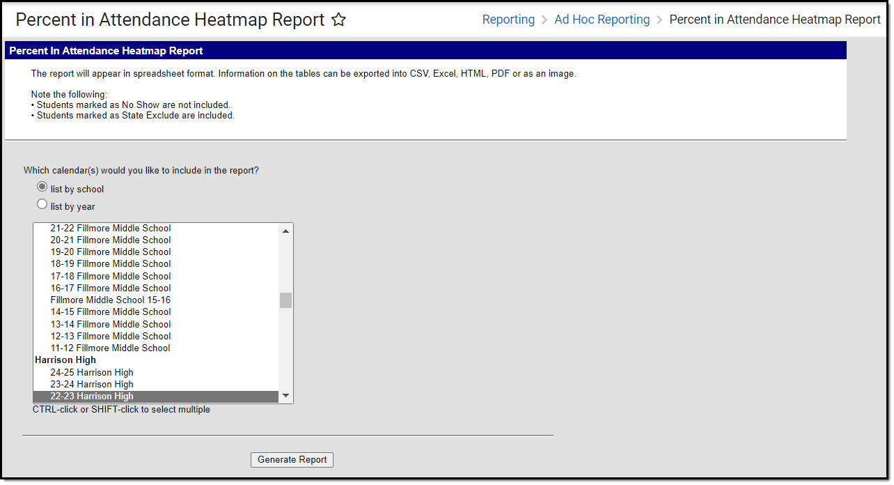 screenshot of the percent in attendance heatmap report editor