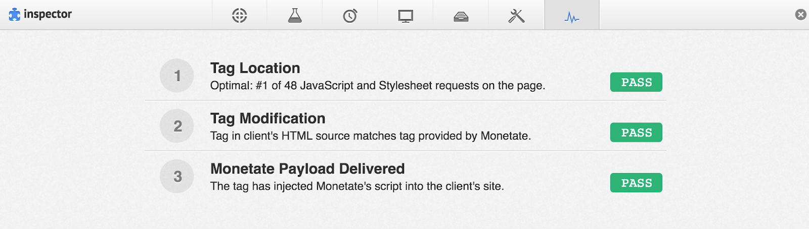 The Tag Health tab of Monetate Inspector, with 'Tag Location' reported as 'Optimal: #1 of 48 JavaScript and stylesheet requests on the page'