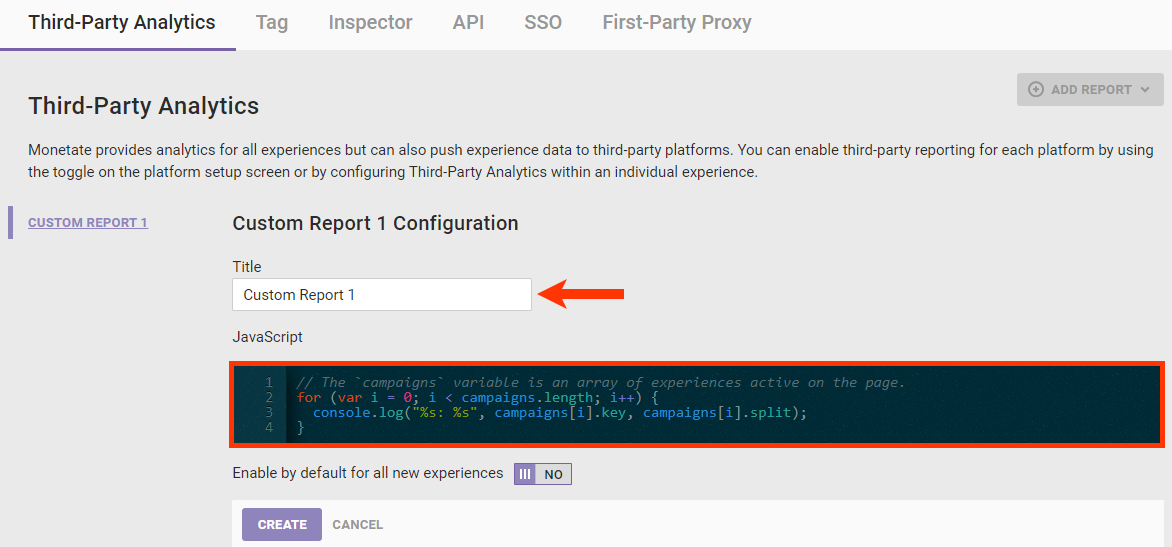 Callout of the Title field and the JavaScript code editor on the Custom Report Configuration screen