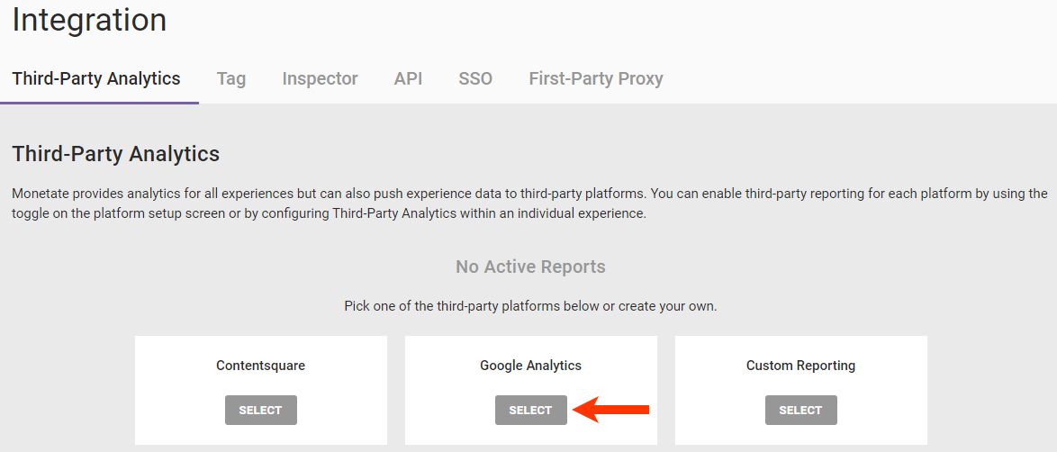 Callout of the SELECT button for the 'Google Analytics' option