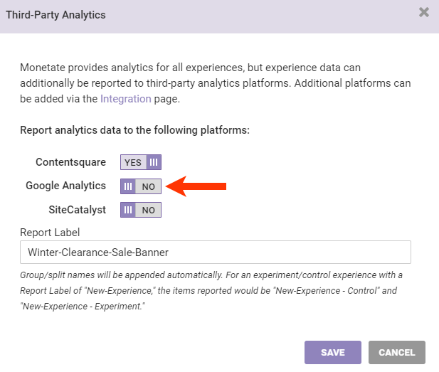 Callout of the Google Analytics toggle on the Third-Party Analytics modal