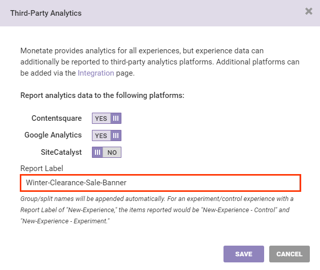 callout of the Report Label field on the Third-Party Analytics modal