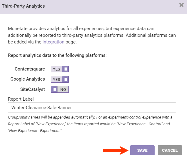 Callout of the SAVE button on the 'Third-Party Analytics' modal of the Experience Editor page