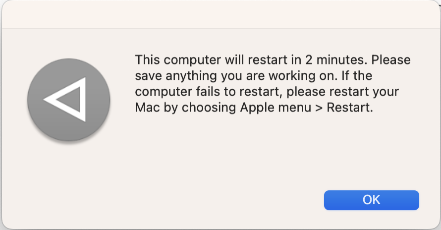 pop up notifying the user that their computer will restart