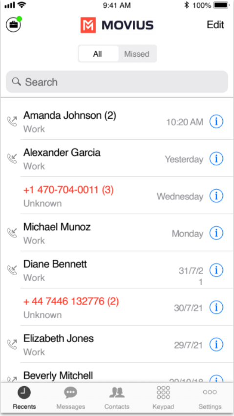 Screenshot of Calls screen showing the blue information icons
