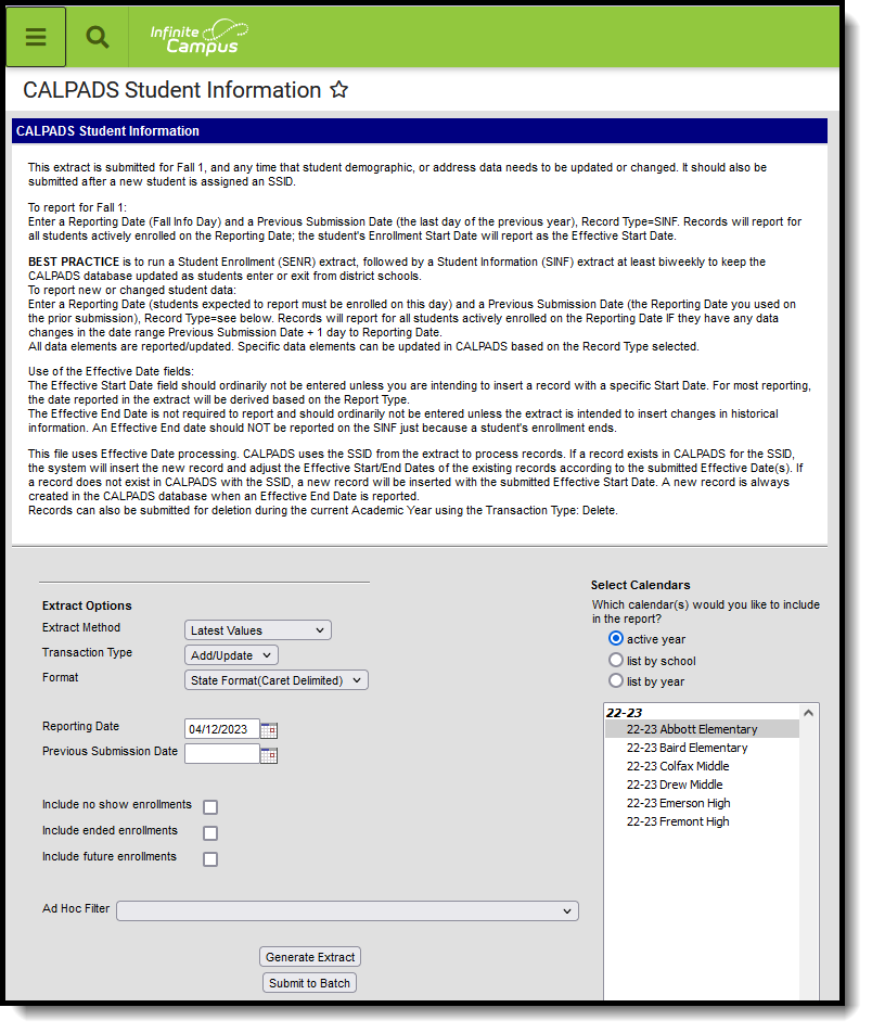 Image of CALPADS Student Information Extract Editor