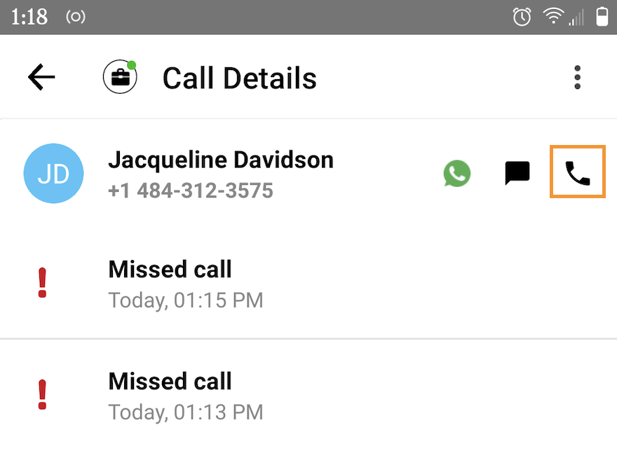 Screenshot of Call Details screen with phone icon highlighted