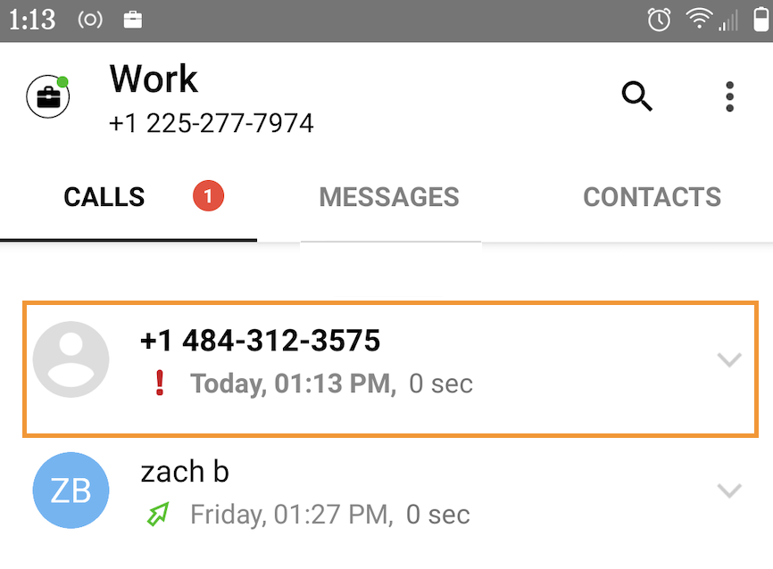 Screenshot of Calls screen with a missed call highlighted