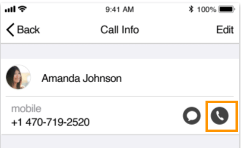 Screen shot of Call Info screen with phone icon highlighted
