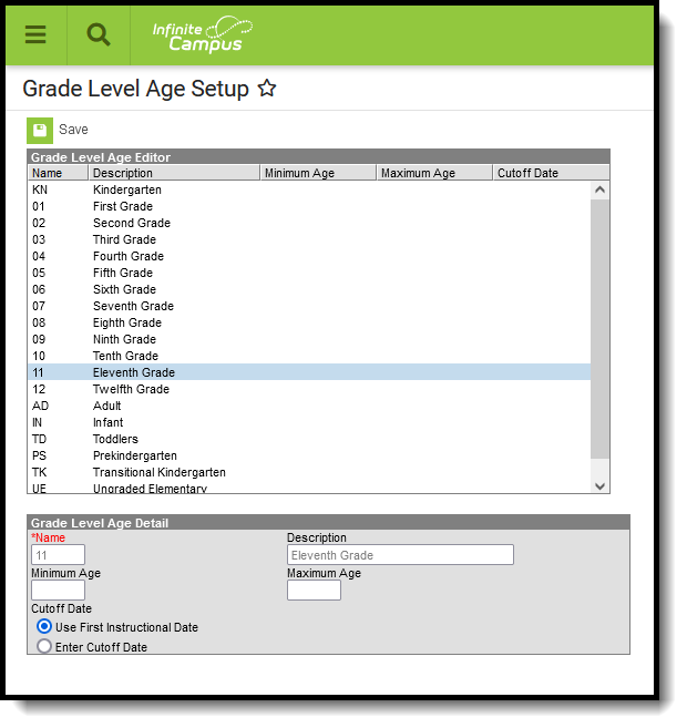 Screemshot of Grade Level Age Editor with the Detail information for a selected defined grade level age selected.