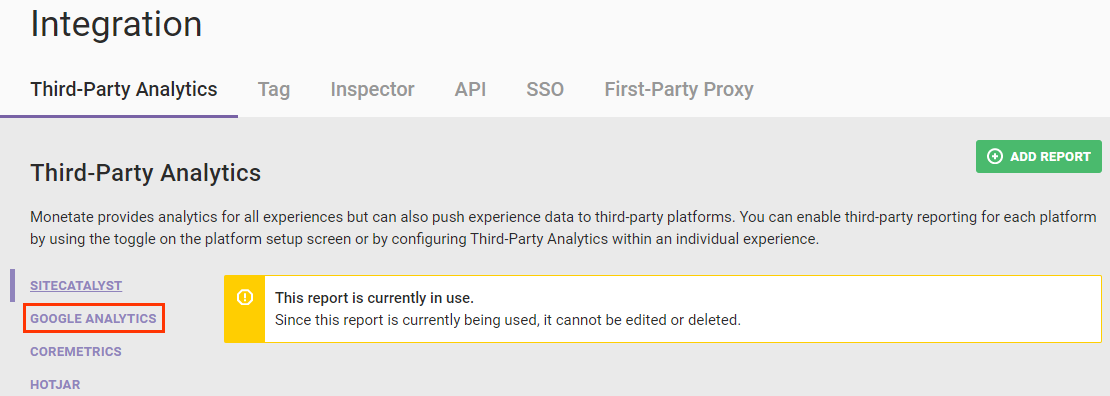Callout of the GOOGLE ANALYTICS option in the list of reports on the 'Third-Party Analytics' tab of the Integration page